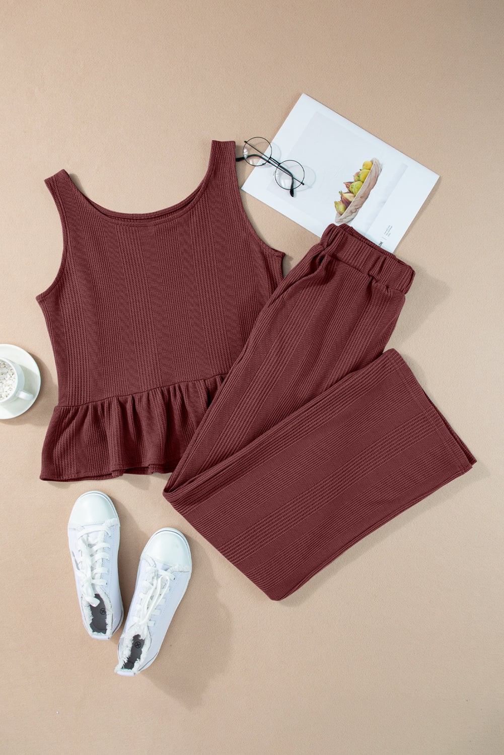 Red Dahlia Solid Color Ribbed Ruffle Tank Top and Pants Set Pant Sets JT's Designer Fashion
