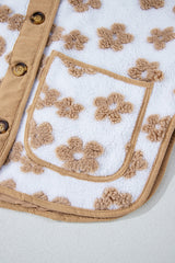 Light French Beige Cute Flower Pattern Button Up Fleece Jacket Jackets JT's Designer Fashion