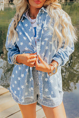 Sky Blue Star Print Light Wash Raw Hem Denim Jacket Denim Jackets JT's Designer Fashion