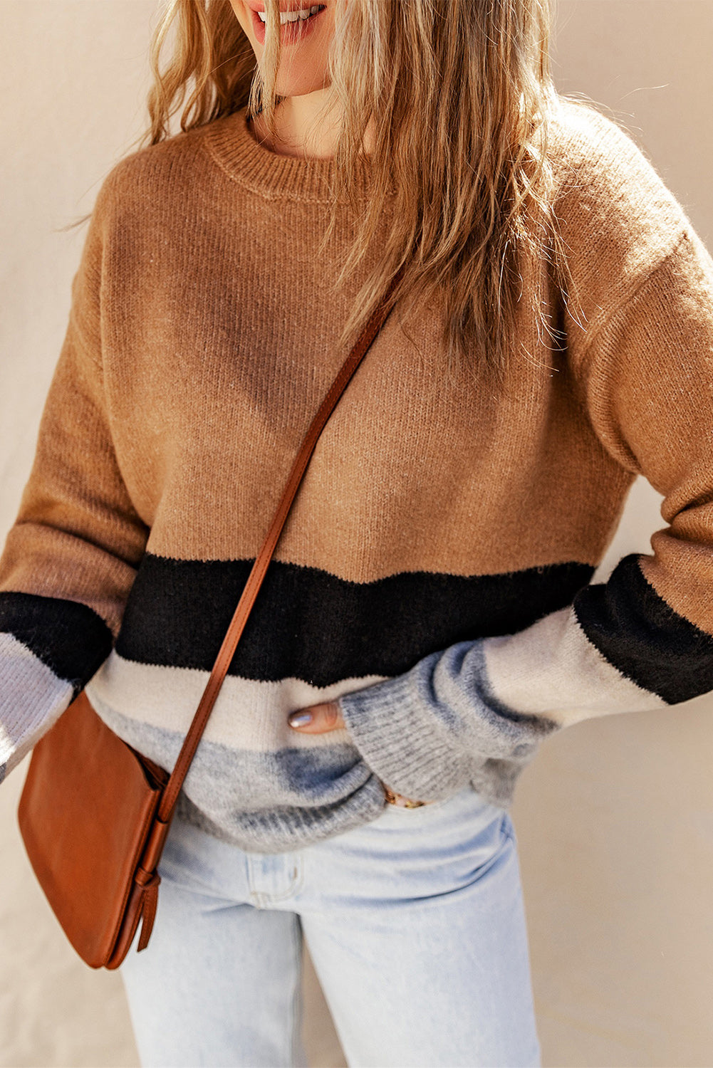 Brown Color Block Striped Ribbed Knit Sweater Sweaters JT's Designer Fashion