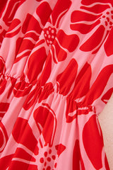 Red Boho Floral Short Sleeve V Neck Buttoned Shirred Waist Long Dress Floral Dresses JT's Designer Fashion