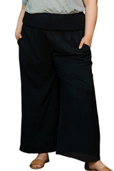 Black Shirred High Waist Plus Size Wide Leg Pants Plus Size Bottoms JT's Designer Fashion