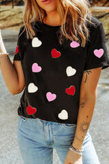 Black Valentines Chenille Heart Patched Pattern Crewneck Tee Graphic Tees JT's Designer Fashion