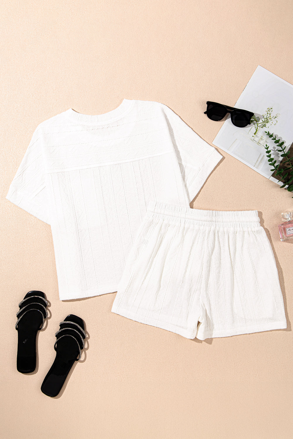 Jet Stream Textured Patched Pocket Short Sleeve Top Drawstring Shorts Set Short Sets JT's Designer Fashion