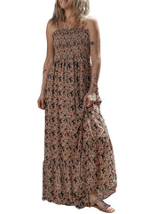 Brown Floral Smocked Bodice High Waist Flowy Sun Dress Floral Dresses JT's Designer Fashion
