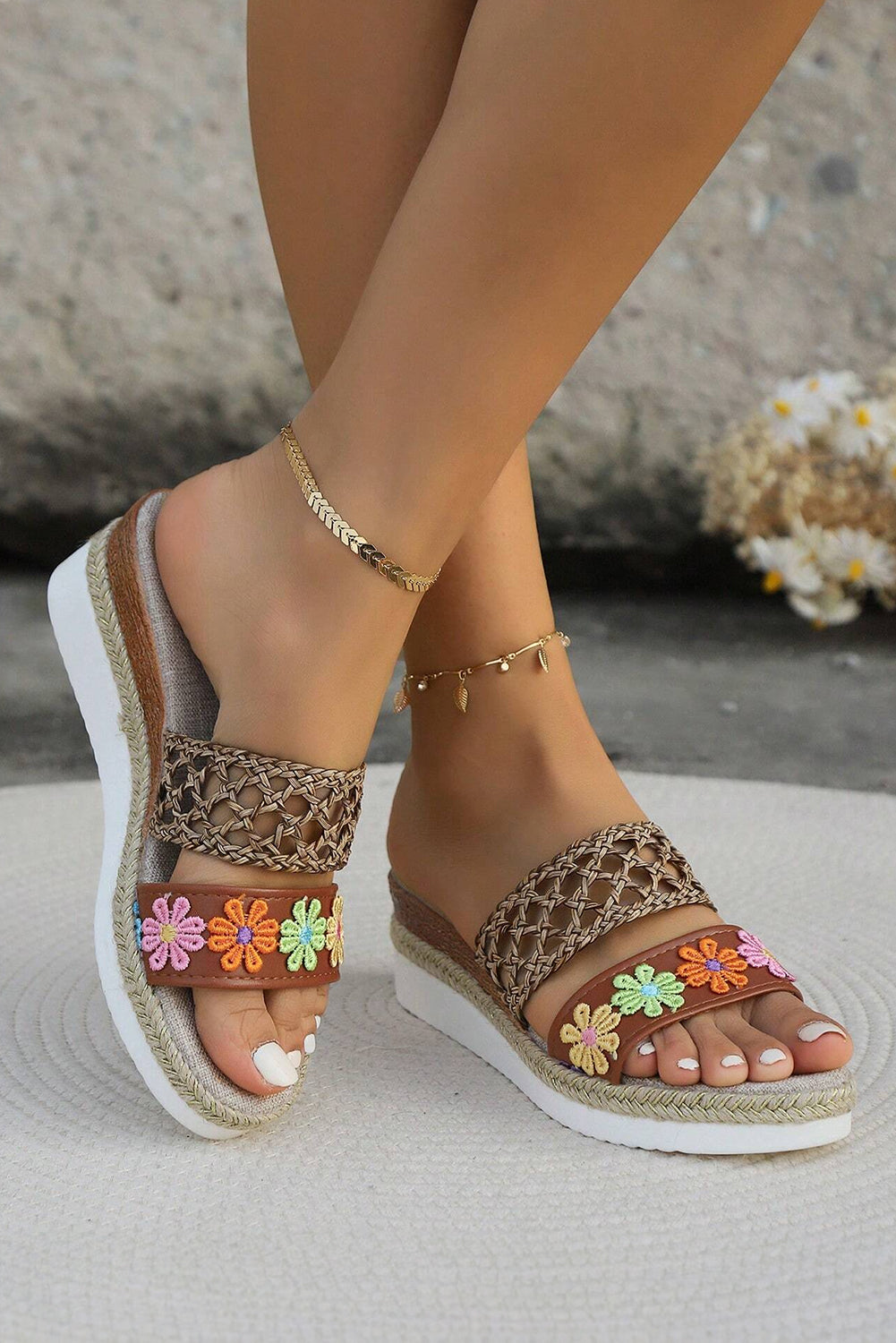 White Floral Print Braided Details Wedge Slippers Slippers JT's Designer Fashion