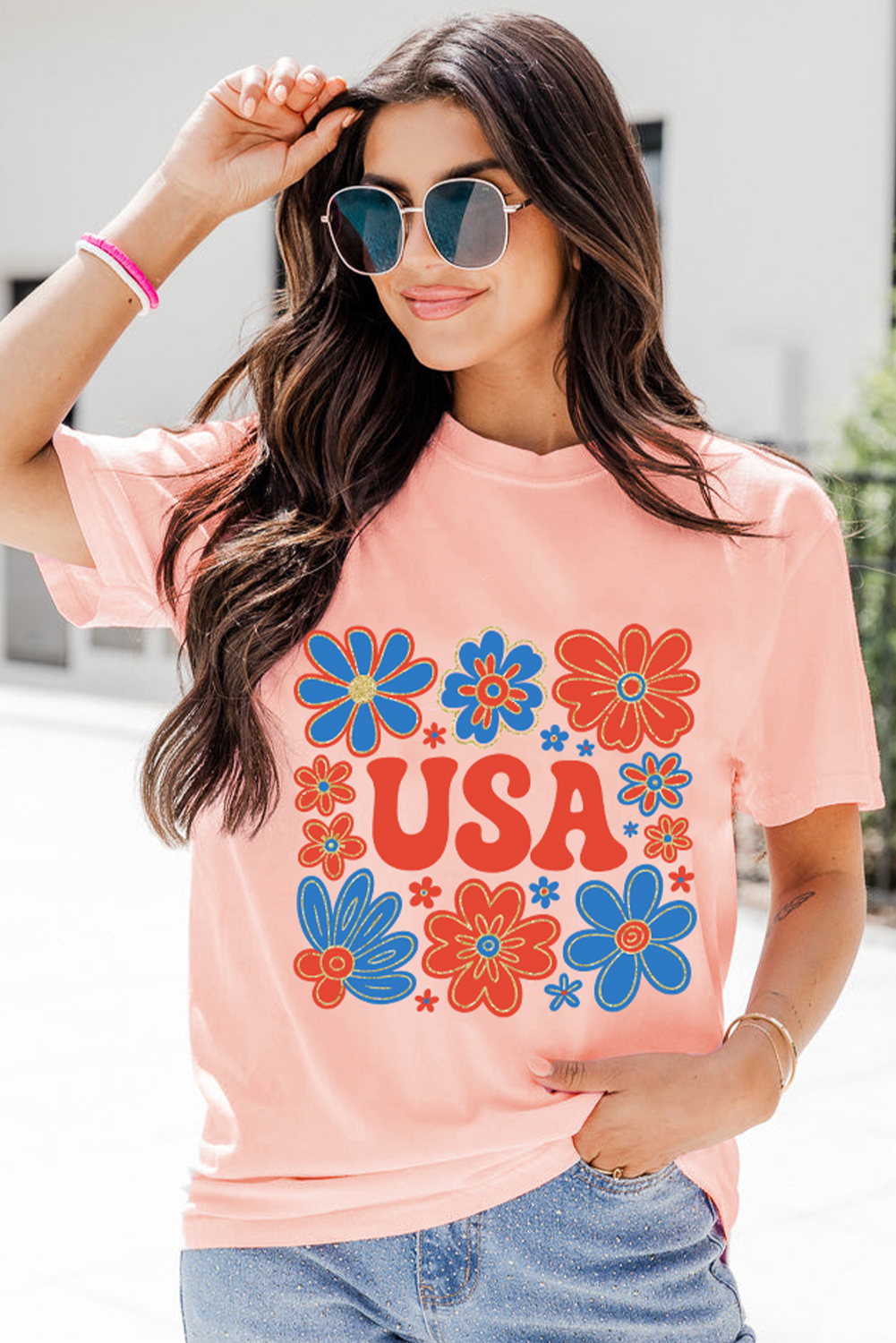 Pink Shimmer Flower USA Letter Printed Casual T Shirt Graphic Tees JT's Designer Fashion