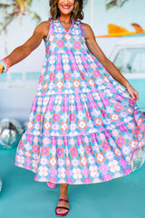 Sky Blue Frilly Split Neck Sleeveless Tiered Maxi Dress Dresses JT's Designer Fashion