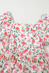 Pink Floral Puff Sleeve Square Neck Empire Waist Tiered Maxi Dress Floral Dresses JT's Designer Fashion