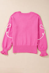 Bright Pink Corded Flower Bow Ribbed Trim Casual Sweater Sweaters JT's Designer Fashion