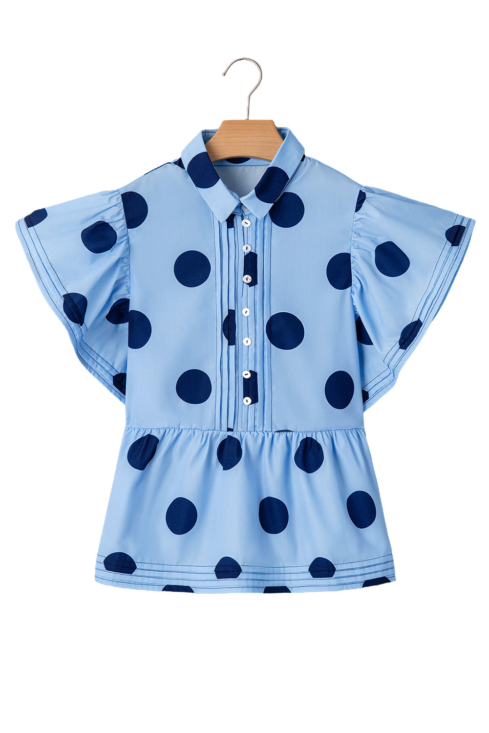 Sky Blue Polka Dot Print Ruffled Short Sleeve Buttoned Collared Blouse Blouses & Shirts JT's Designer Fashion