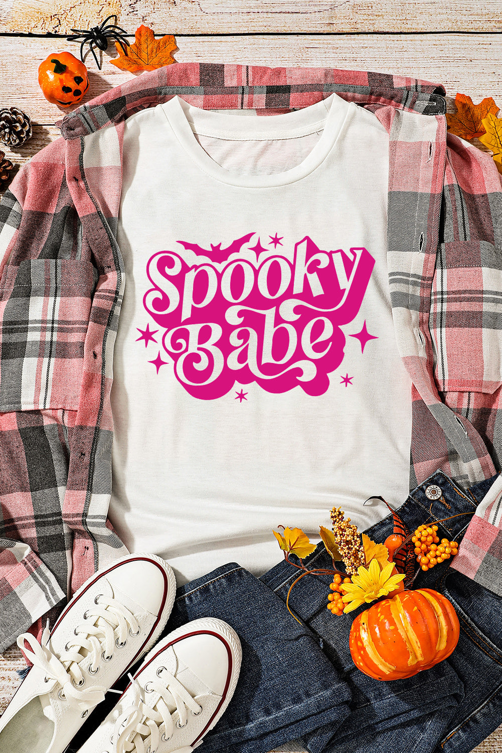 White Spooky Babe Bat Print Halloween Crewneck T Shirt Graphic Tees JT's Designer Fashion