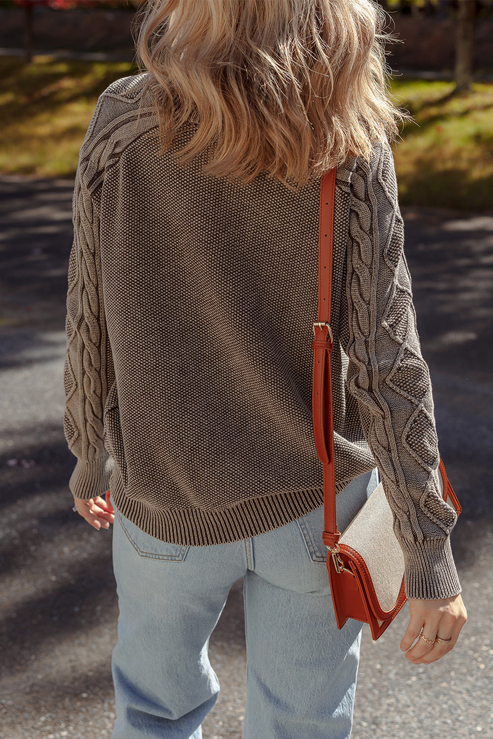 Dark Brown Contrast Cable Knit Sleeve Casual Sweater Sweaters JT's Designer Fashion