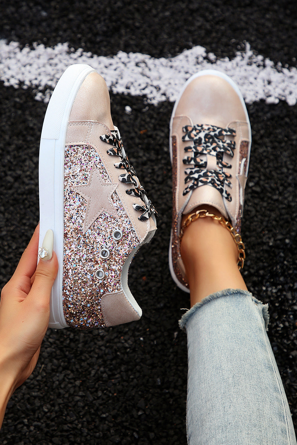 Gold Star Sequin Patchwork Leopard Lace-up Shoes Women's Shoes JT's Designer Fashion