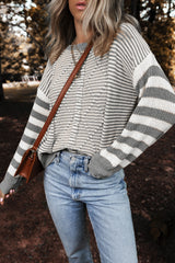 Gray Stripe Geometric Textured Drop Shoulder Sweater Sweaters JT's Designer Fashion