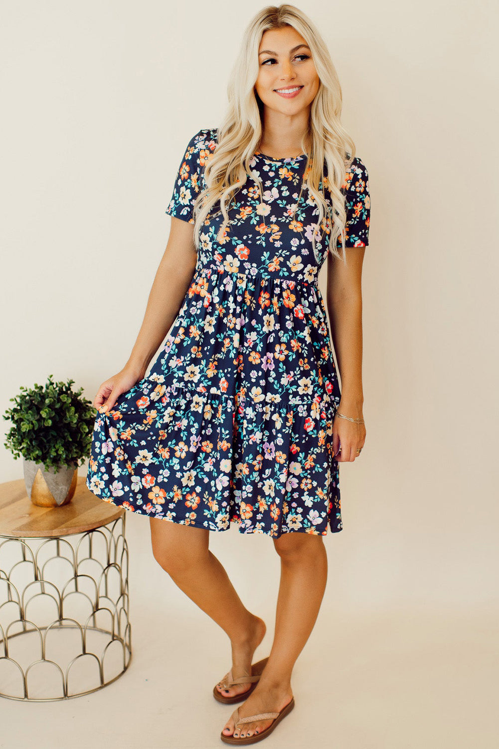 Blue Short Sleeve A-line Floral Dress Floral Dresses JT's Designer Fashion