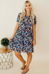 Blue Short Sleeve A-line Floral Dress Floral Dresses JT's Designer Fashion