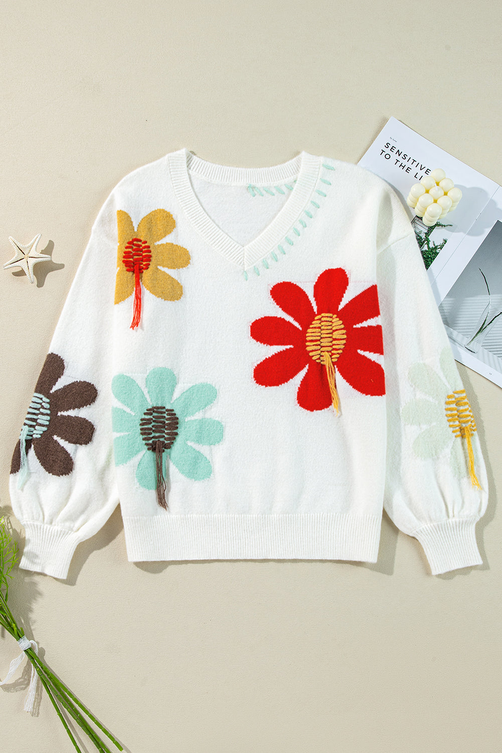 White Big Flower Pattern V Neck Drop Shoulder Sweater Sweaters JT's Designer Fashion