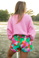 Green Abstract Print Smock Waist Casual Shorts Bottoms JT's Designer Fashion