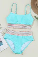 Turquoise Striped Patchwork Spaghetti Strap High Waist Bikini Swimsuit High Waisted Swimsuit JT's Designer Fashion