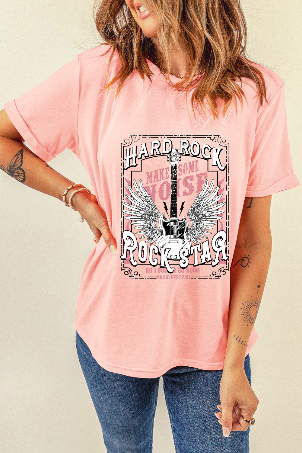 Pink Hard Rock Guitar Print Crew Neck T Shirt Graphic Tees JT's Designer Fashion