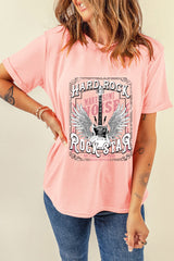 Pink Hard Rock Guitar Print Crew Neck T Shirt Graphic Tees JT's Designer Fashion