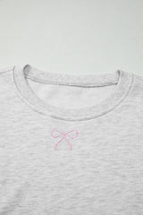 Light Grey Girly Bow Embroidered Detail Puff Sleeve Pullover 2pcs Short Set Short Sets JT's Designer Fashion