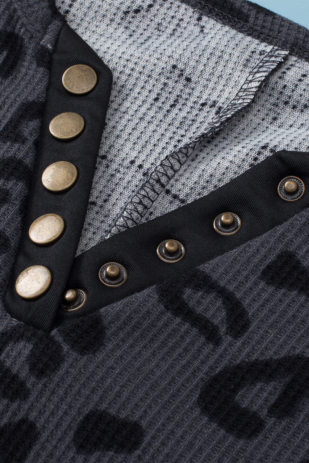 Gray Leopard Print Button Split Neck Waffle Sweatshirt Sweatshirts & Hoodies JT's Designer Fashion