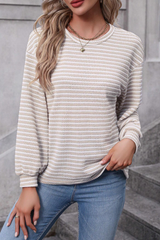 Khaki Stripe Round Neck Drop Shoulder Long Sleeve Top Long Sleeve Tops JT's Designer Fashion