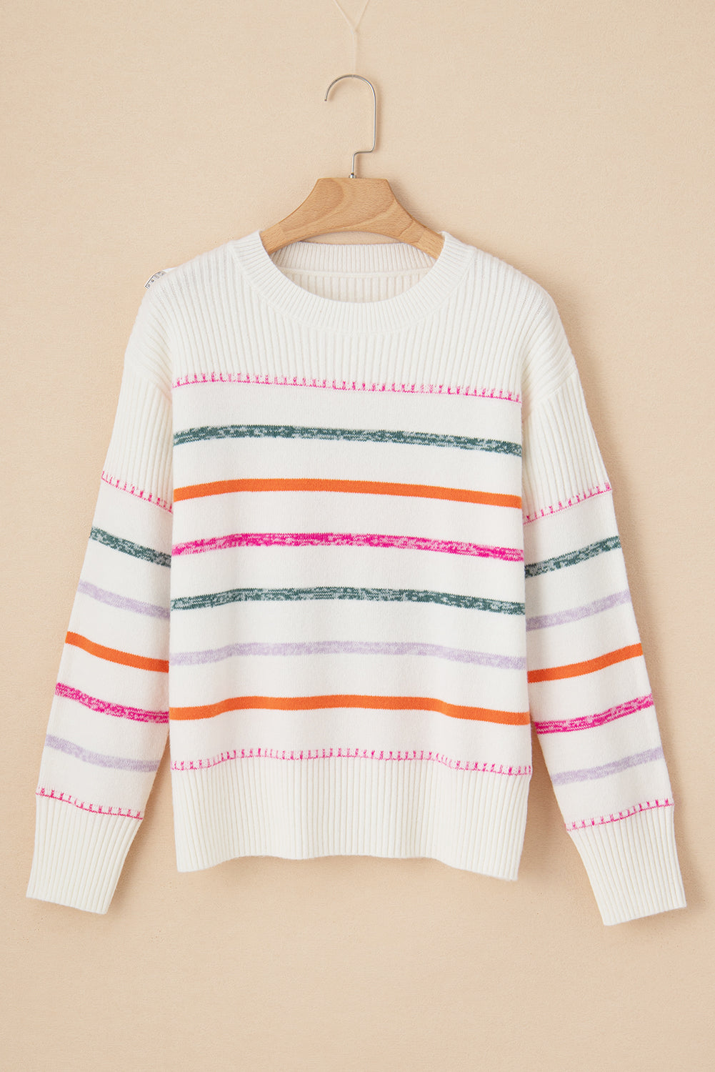 White Colorful Striped Ribbed Trim Sweater Sweaters JT's Designer Fashion