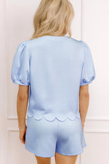 Beau Blue Puff Sleeve Pearl Embellished Scallop Trim Top 2 Piece Skort Set Two Piece Dresses JT's Designer Fashion