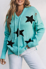 Green V Neck Star Pattern Hooded Sweater with Slits Sweaters & Cardigans JT's Designer Fashion