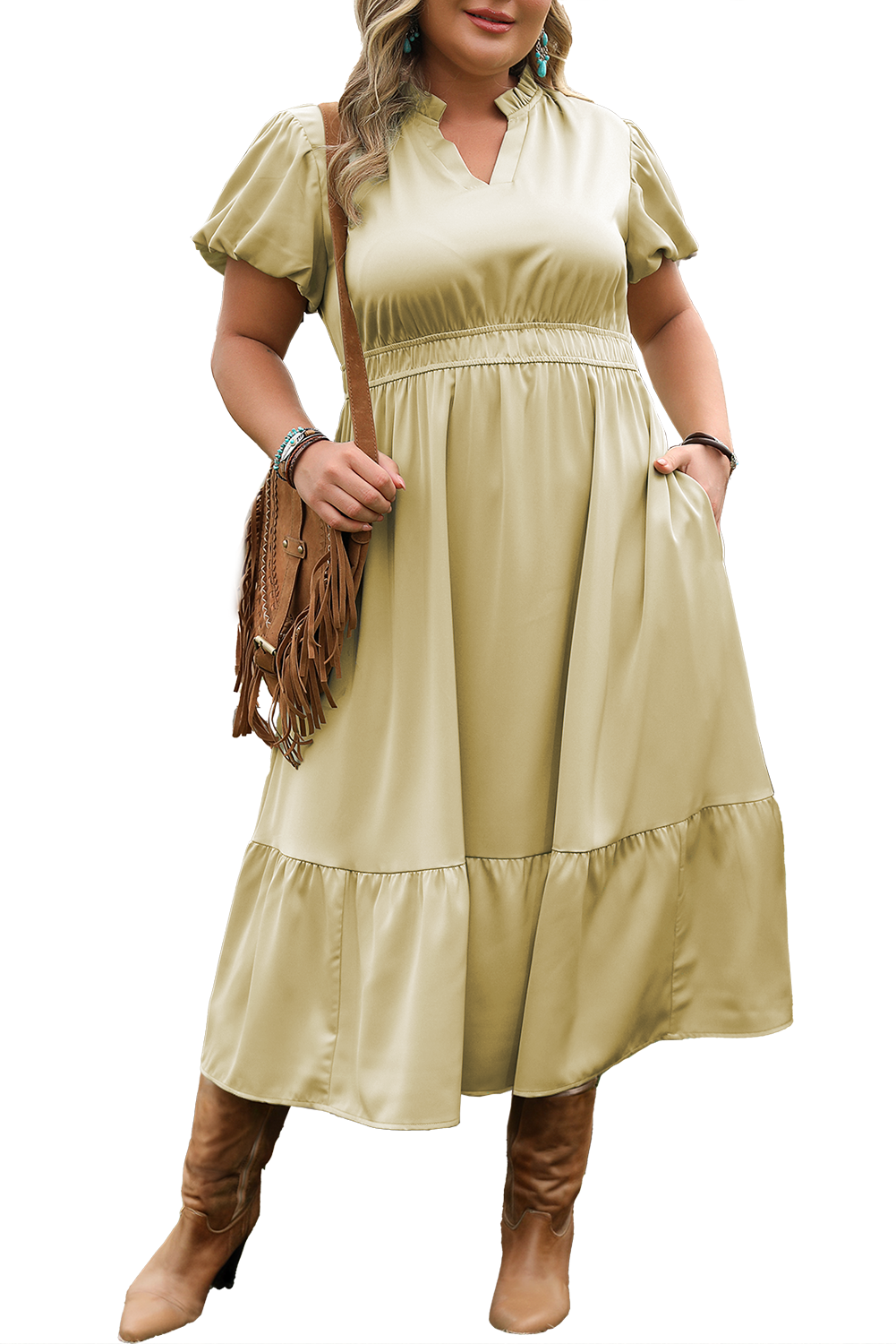 Laurel Green Notched V Neck Puff Sleeve Tiered Plus Size Maxi Dress Plus Size Maxi Dresses JT's Designer Fashion