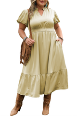 Laurel Green Notched V Neck Puff Sleeve Tiered Plus Size Maxi Dress Plus Size Maxi Dresses JT's Designer Fashion