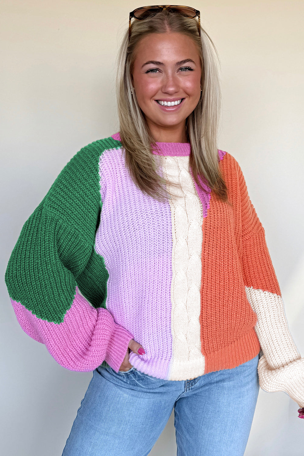 Desert Gold Color Block Textured Knit Drop Shoulder Loose Fit Sweater Sweaters JT's Designer Fashion