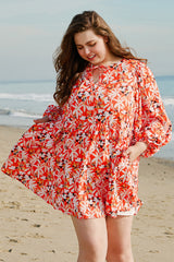 Orange Floral Print Split V Neck Bubble Sleeve Plus Size Midi Dress Plus Size Midi Dresses JT's Designer Fashion