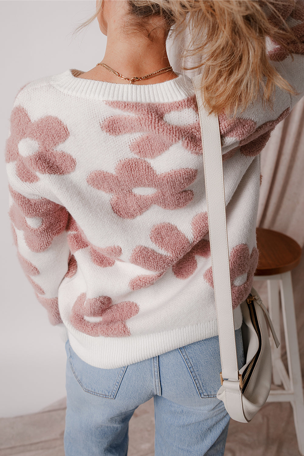 White Textured Flower Drop Shoulder Loose Sweater Sweaters JT's Designer Fashion
