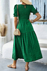 Dark Green Solid Textured Smocked Puff Short Sleeve High Waist Long Dress Dresses JT's Designer Fashion