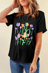 Black Floral Print Crewneck T Shirt Graphic Tees JT's Designer Fashion