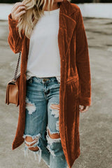 Brown Retro Velvet Long Sleeve Pocket Coat Coats JT's Designer Fashion