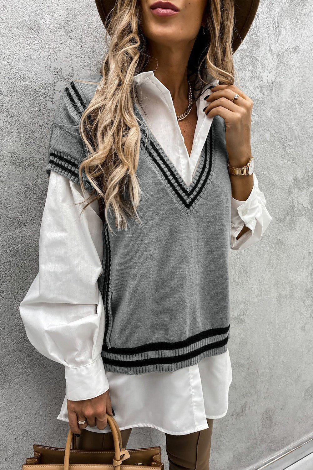 Gray V Neck Contrast Stripes Trims Short Sleeve Sweater Sweaters & Cardigans JT's Designer Fashion