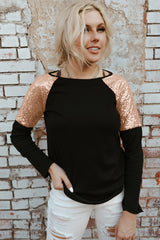 Black Sequin Shoulder Long Sleeve Top Long Sleeve Tops JT's Designer Fashion