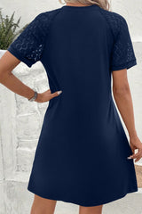 Navy Blue Contrast Lace Raglan Sleeve Pleated Detail Shift Dress T Shirt Dresses JT's Designer Fashion