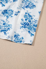 Sky Blue Floral Print Shirred Knot Shoulder Sleeveless Long Dress Floral Dresses JT's Designer Fashion