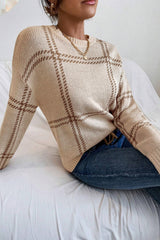 Khaki Plaid Pattern Knitted Drop Shoulder Sweater Sweaters JT's Designer Fashion