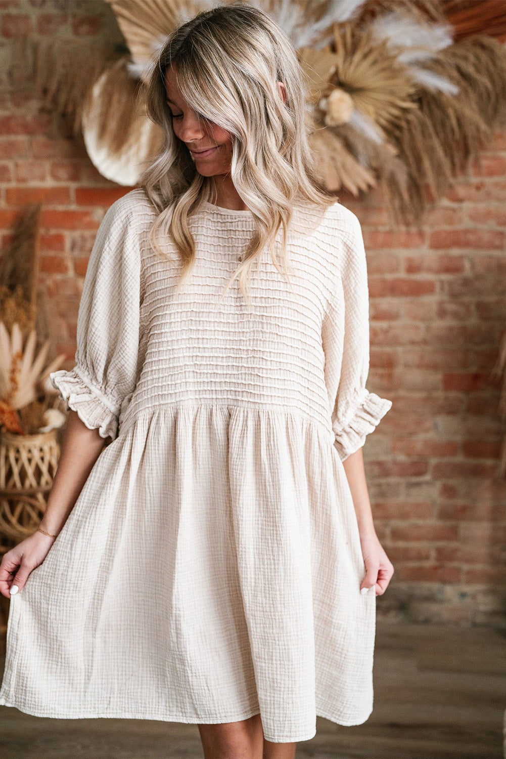 White Textured Ruffled Puff Sleeve Loose Dress Mini Dresses JT's Designer Fashion
