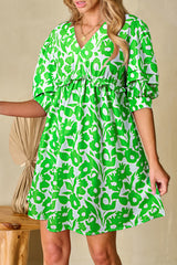 Green Floral Print Puff Half Sleeve V Neck Babydoll Dress Floral Dresses JT's Designer Fashion