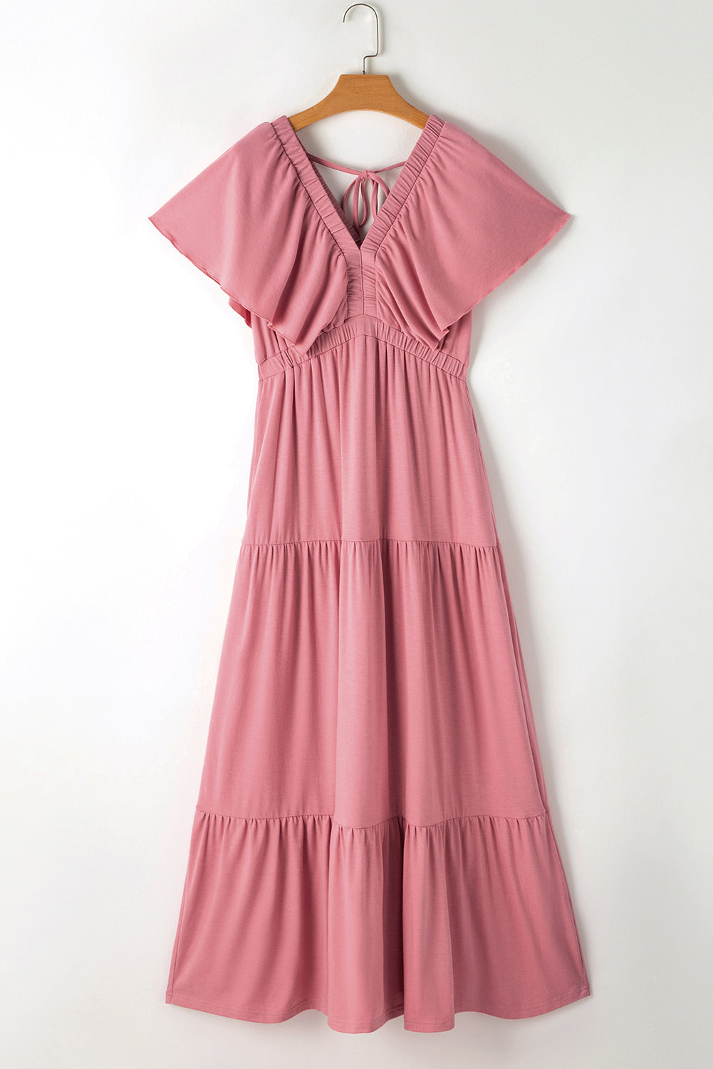 Rose Pink Textured V Neck Flutter Sleeve Ruffled Long Dress Maxi Dresses JT's Designer Fashion