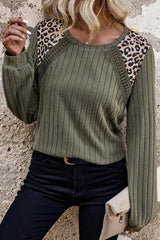 Moss Green Leopard Print Crochet Patchwork Rib Textured Knit Top Long Sleeve Tops JT's Designer Fashion
