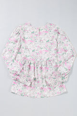 Pink Floral Print Shirred Balloon Sleeve Keyhole Back Babydoll Blouse Blouses & Shirts JT's Designer Fashion